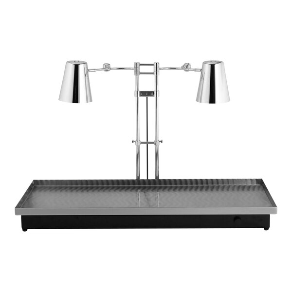 A silver rectangular Bon Chef carving station with two heat lamps.