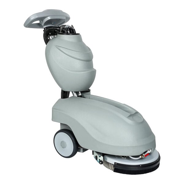 A grey Namco walk behind floor scrubber with wheels.