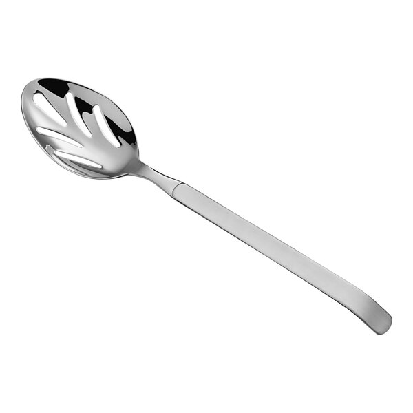 An Acopa stainless steel slotted serving spoon with a design on the handle.