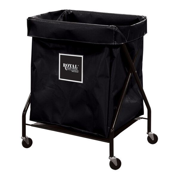 A Royal Basket Trucks black vinyl bag on a metal X-frame cart.