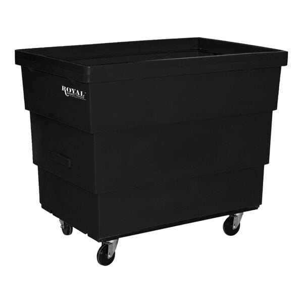 A black plastic bin on wheels.