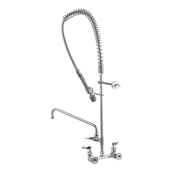 A chrome T&S pre-rinse faucet with a silver hose.