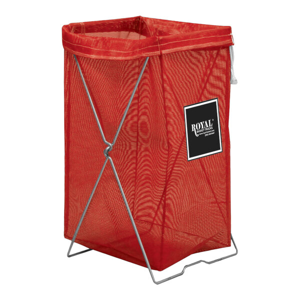 A red mesh Royal Basket Trucks hamper on a metal stand.