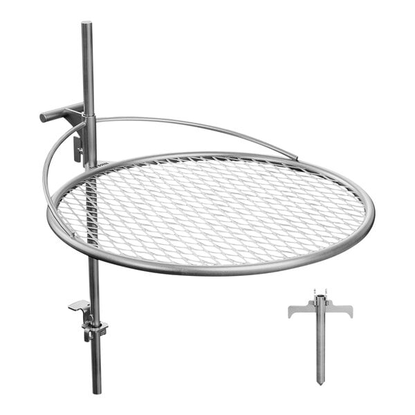 A BREEO stainless steel round grill grate with a metal hook.