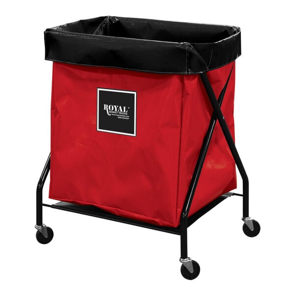 A red Royal Basket Trucks laundry cart with black wheels.