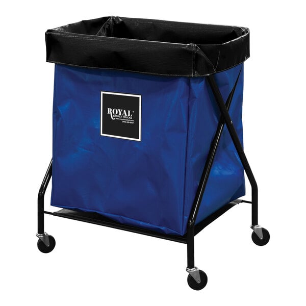 A blue Royal Basket Truck laundry cart with wheels and a handle.