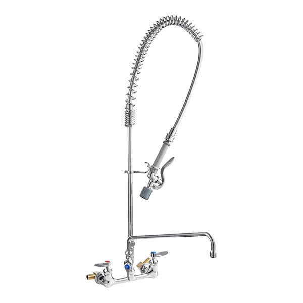 A T&S stainless steel wall-mounted pre-rinse faucet with a hose.