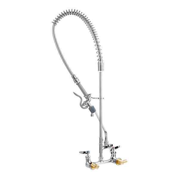 A silver T&S pre-rinse faucet with curved hose.