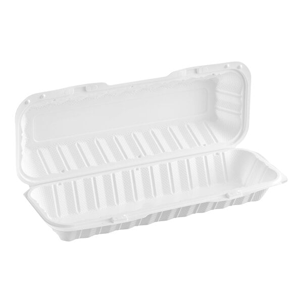 A white plastic Ecopax hoagie container with a hinged lid.