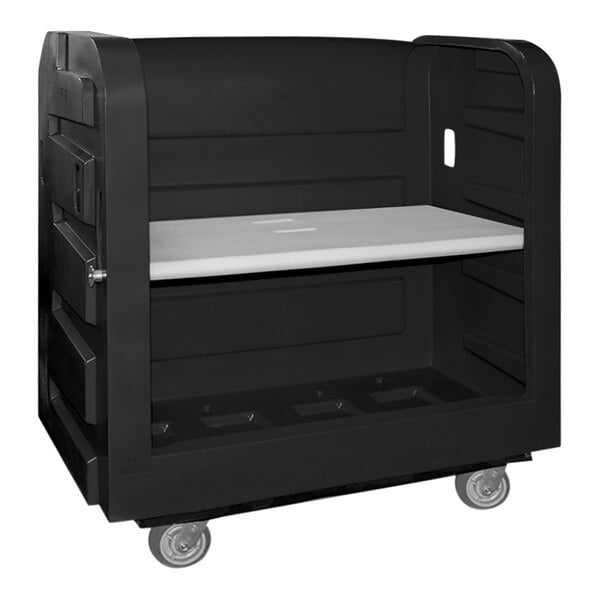 A black Royal Basket Trucks turnabout bulk transport truck with a plastic shelf.