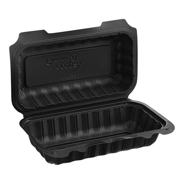 A black Ecopax plastic hinged hot dog container with a lid.
