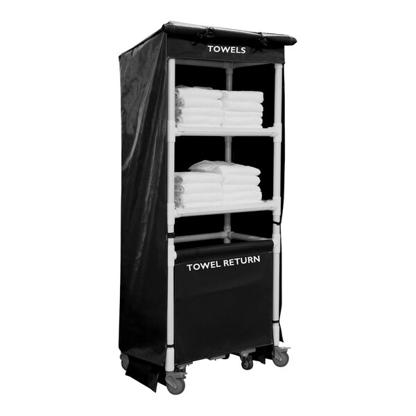 A black Royal Basket Trucks laundry cart with white towels on it.