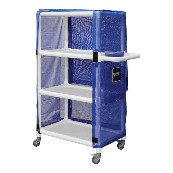 A Royal Basket Trucks blue PVC linen cart with shelves and wheels.