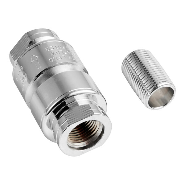 A stainless steel Equip by T&S threaded vacuum breaker connector with a nut.