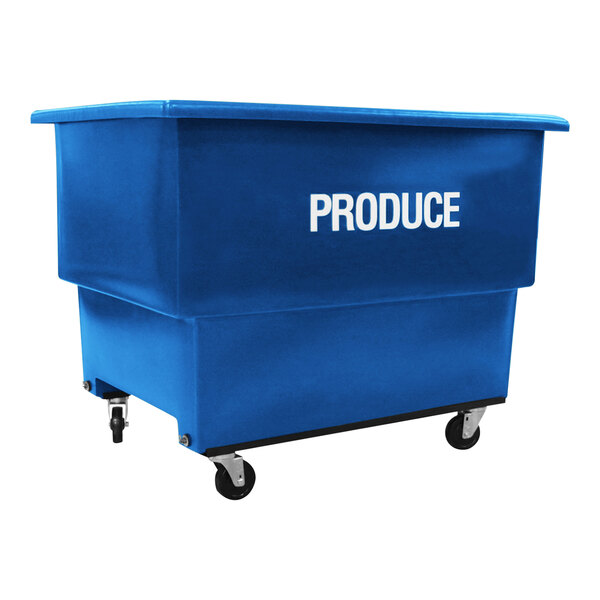 A blue Royal Basket Trucks produce cart with wheels.