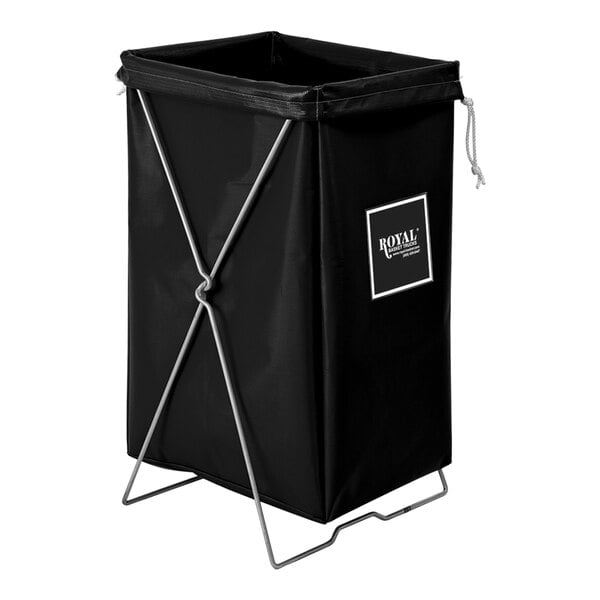 A black Royal Basket Trucks hamper with a black lid.