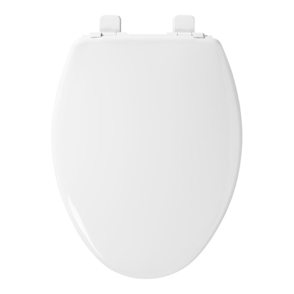 A white Mayfair Little 2 Big potty training toilet seat with a white hinge.