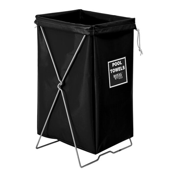 A black Royal Basket Trucks laundry basket with a white label.