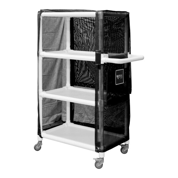 A black Royal Basket Trucks linen cart with 3 black plastic shelves.