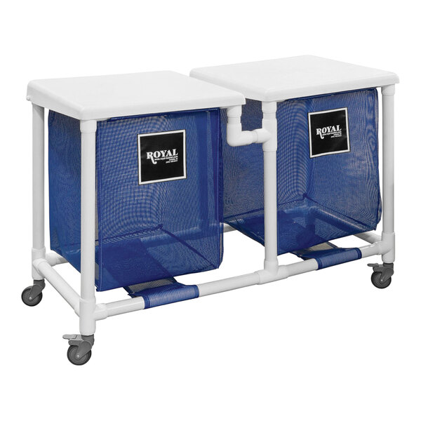 Two blue Royal Basket Trucks bins on wheels.