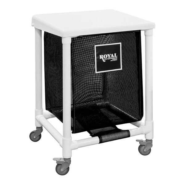 A black Royal Basket Trucks laundry hamper with wheels.