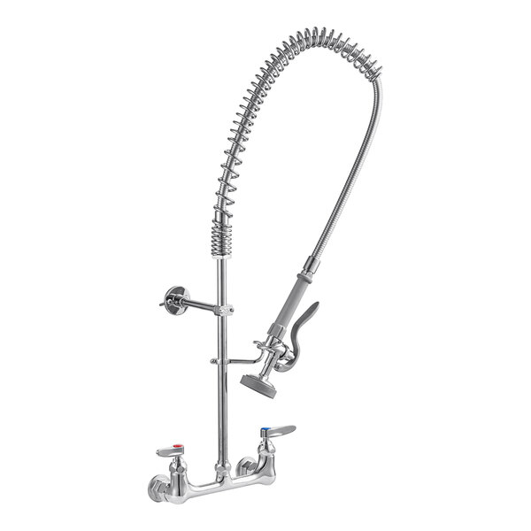 A T&S chrome wall-mounted pre-rinse faucet with a curved silver hose.