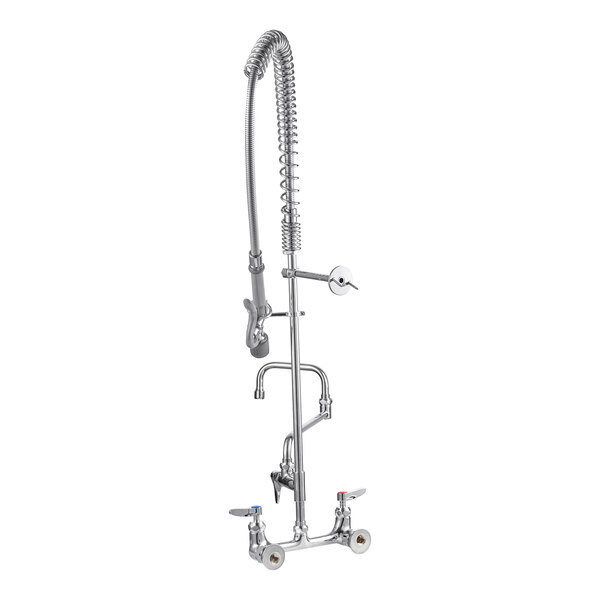 A silver T&S wall-mounted pre-rinse faucet with hose and swing nozzle.