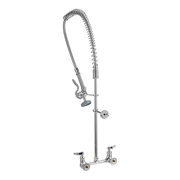 A T&S chrome wall-mounted pre-rinse faucet with a hose.