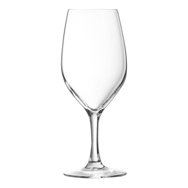 A close-up of a clear Chef & Sommelier wine glass.