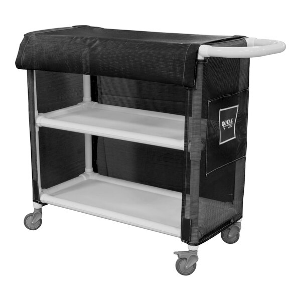 A black Royal Basket Trucks linen cart with a white cover.