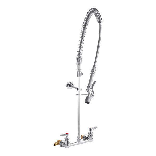 A T&S chrome wall-mounted pre-rinse faucet with hose.