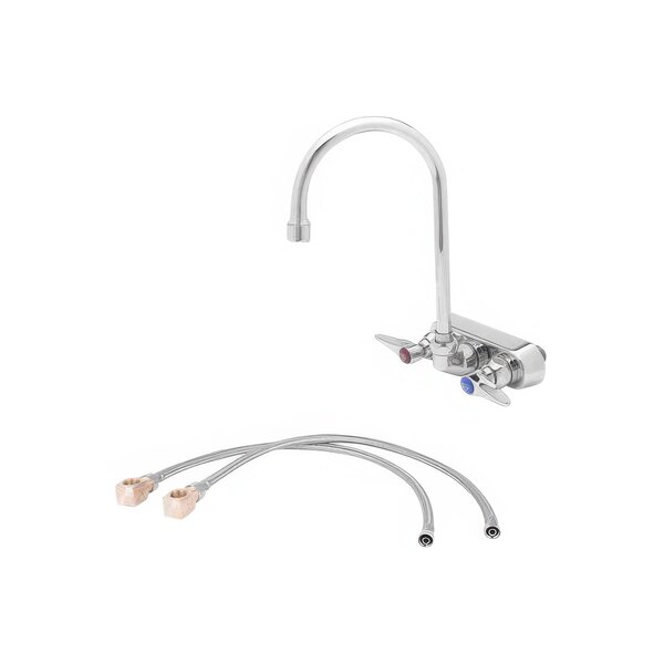 A T&S wall-mounted workboard faucet with hoses and lever handles.