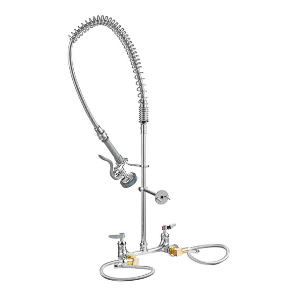 A T&S chrome wall-mounted pre-rinse faucet with 18" riser and 3 hoses.