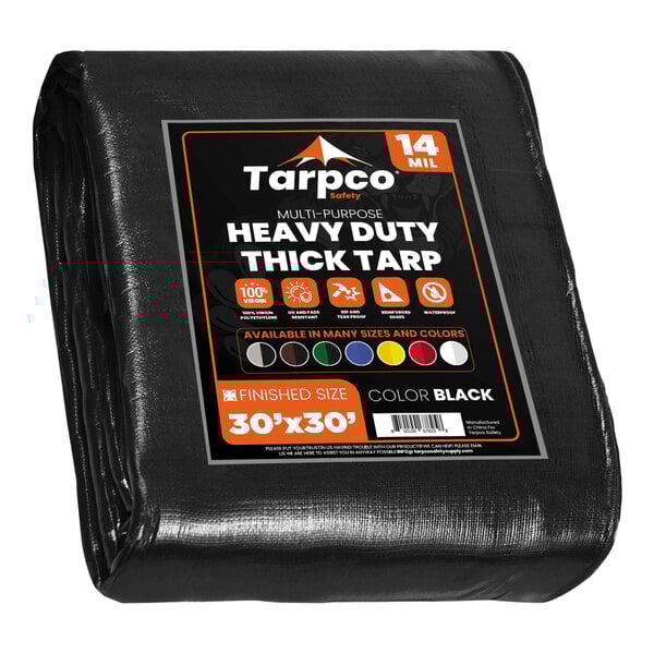 A black Tarpco tarp with white text.