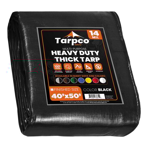 A black Tarpco poly tarp with white text reading "Tarpco Safety" and "Extra Heavy-Duty"