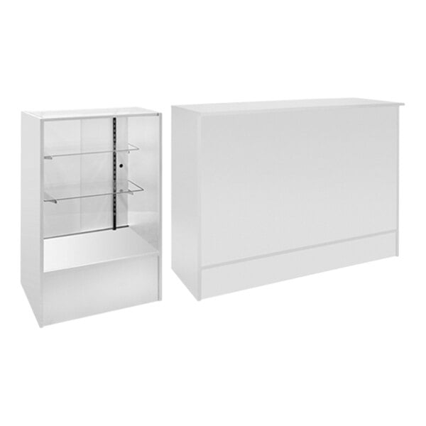A white rectangular checkout cabinet with a glass counter display.