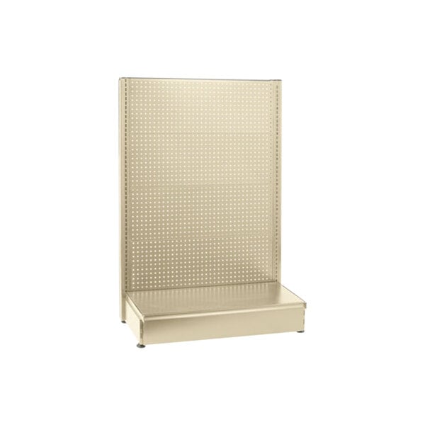 A beige single-sided pegboard gondola shelf with holes.