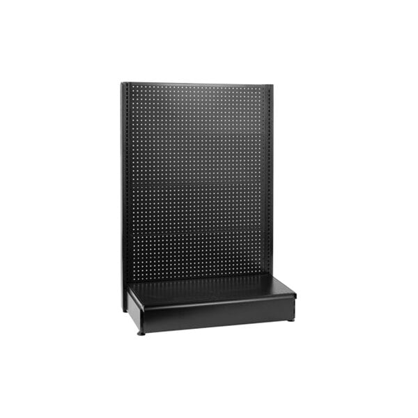 A black rectangular pegboard add-on for a gondola shelf.