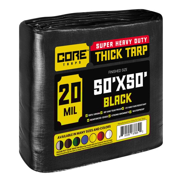 A black tarp with yellow and blue labels.