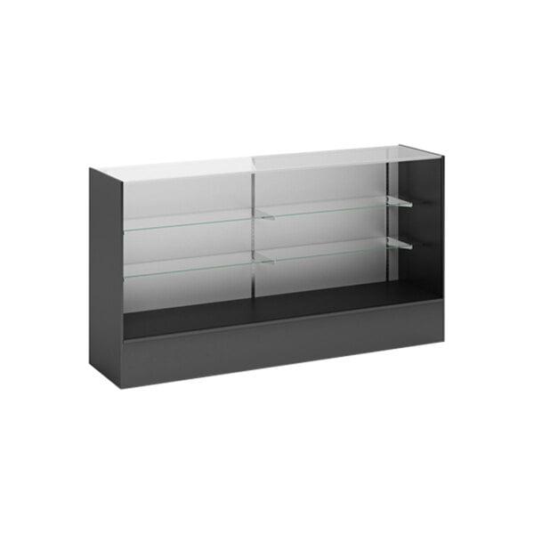 A black full vision display showcase with glass shelves.