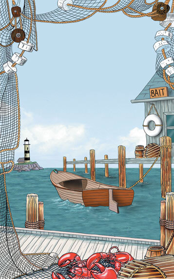 A cartoon drawing of a boat tied to a dock with a lighthouse on a rock.