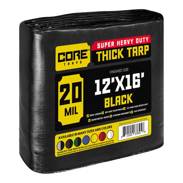 A black tarp bag with yellow and red text that reads "Core Tarps 20 Mil"
