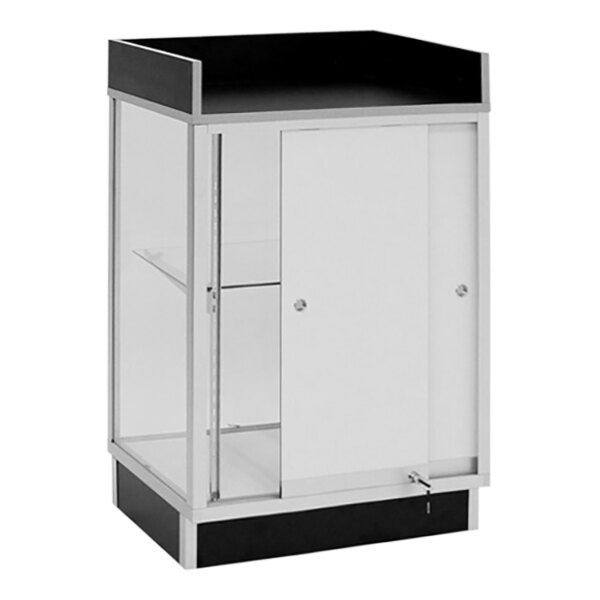 A black metal cash register stand with a black and white showcase.