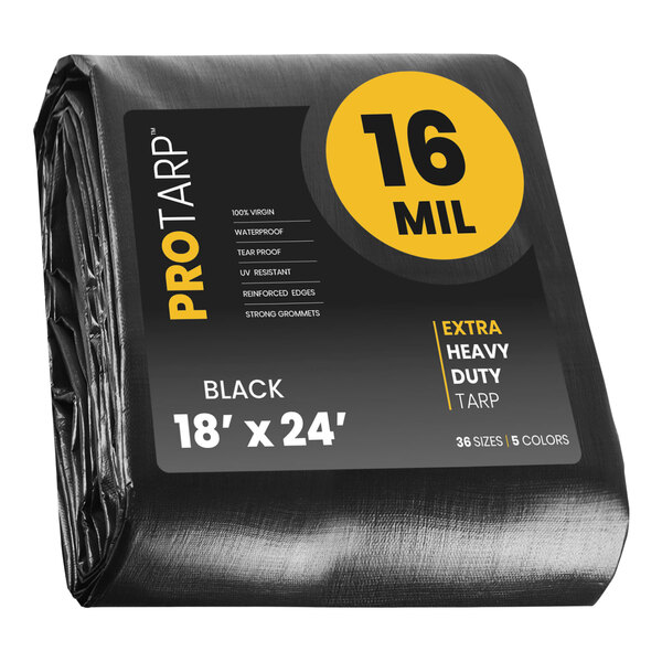 A black ProTarp poly tarp with reinforced edges and yellow label packaging.