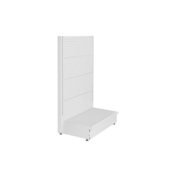 A white single-sided pegboard gondola shelf.