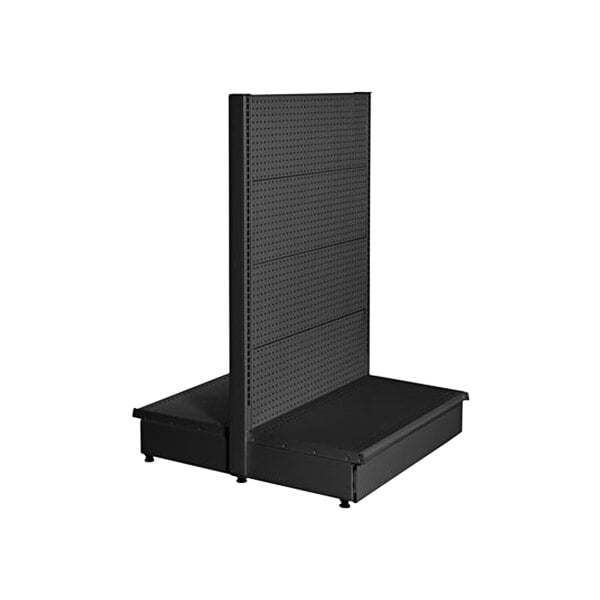 A black double-sided pegboard gondola merchandiser.