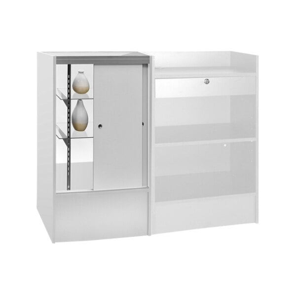 A white cabinet with glass doors.