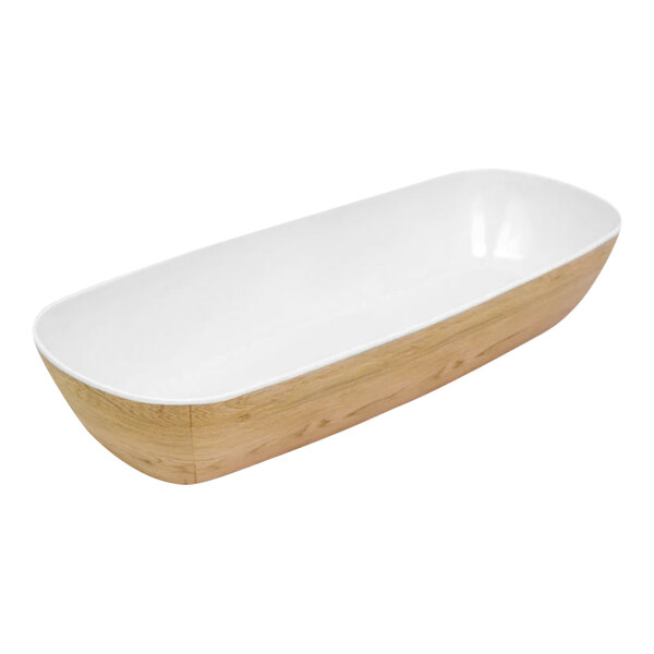 A white rectangular Dalebrook melamine crock with a wood base.