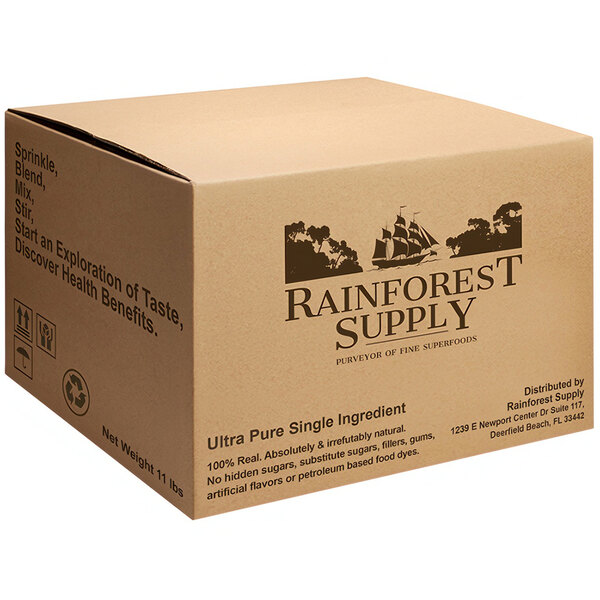 A brown box of Rainforest Supply freeze-dried mango slices on a counter.