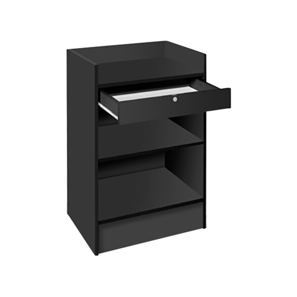 A black cash register stand with a locking drawer.